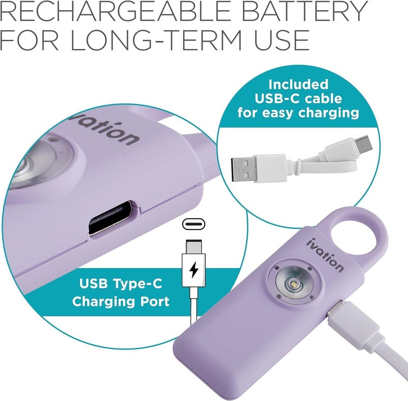 Ivation Personal Rechargeable SOS Alarm, Pocket Size Loud 130dB Sound Safety Siren & LED Panic Strobe Light with Carabiner Keychain Clip for Women, Children & Seniors, Lavender - Image 3